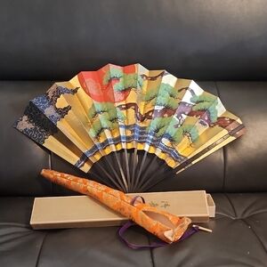 Vintage Kyoto Gold Sensu Japanese Bamboo Folding Fan Reversible